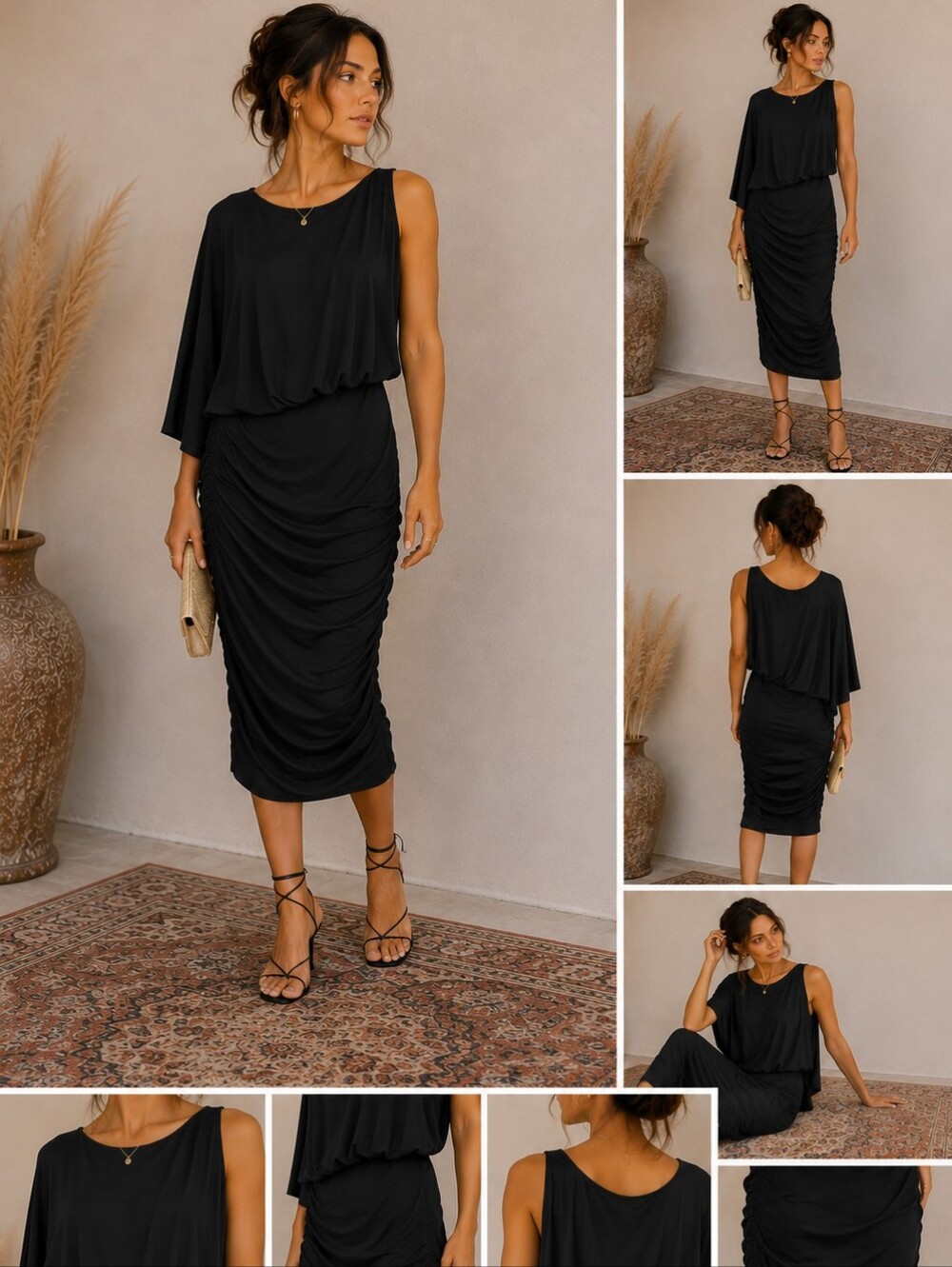 Asymetrical Size M Sleeve Black Midi Dress Cocktail Wedding Guest